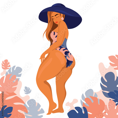 Attractive plump woman in swimsuit and hat.Vector illustration.Sexy plus size chubby girl in swimsuit standing in beautiful pose.Modern chunky female.love and accept your body.love yourself.