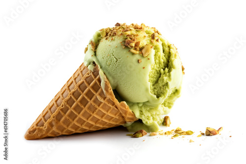 Pistachio ice cream cone on a white background.