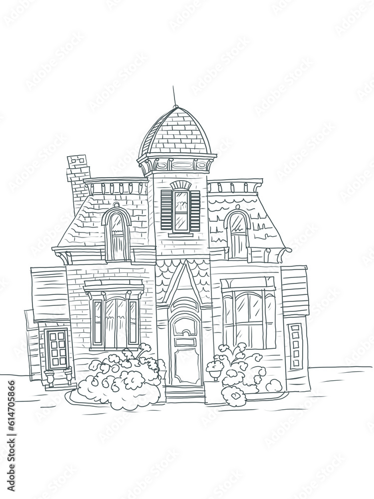 
Cottage old english rural house coloring antistress architecture building farm hand drawn graphic separately on white background vintage retro