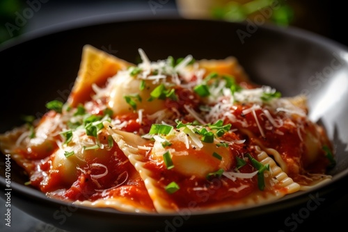 ravioli with a rich tomato sauce and a finely chopped garlic, herbs, and onion mixture