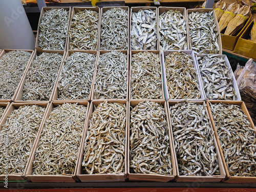 Dried fish various size in Dries food market South Korea