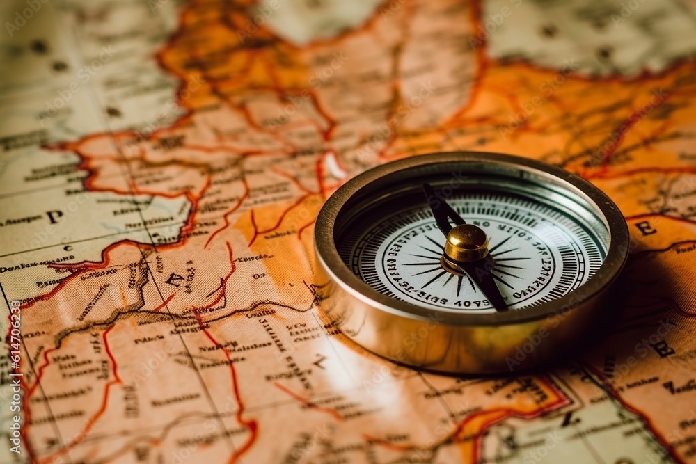 Retro compass on a map, adventure travel concept. Retro compass on a map, adventure travel concept.