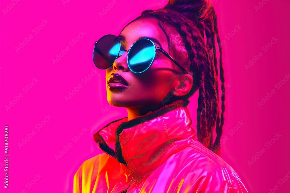 Young model experiences futuristic fashion with colorful neons. Ai generated.
