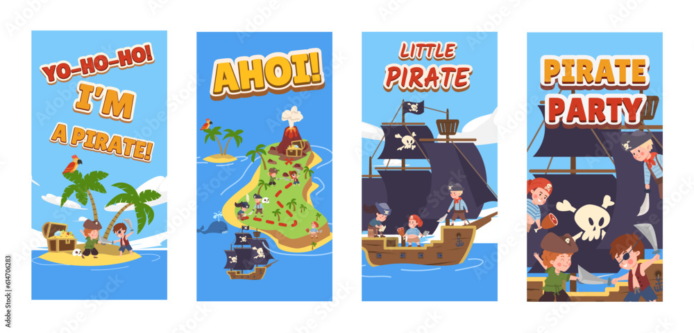 Set of flyers about children pirate party flat style, vector illustration