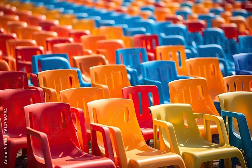Naklejka premium rows of vibrant and diverse plastic chairs and armchairs, creating a visually striking seating arrangement.