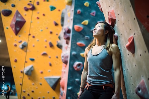 Young sporty woman on a steep climbing wall. Ai generated.