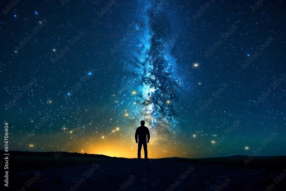 Silhouette of a man walking under the milky way of a clear and starry sky.
