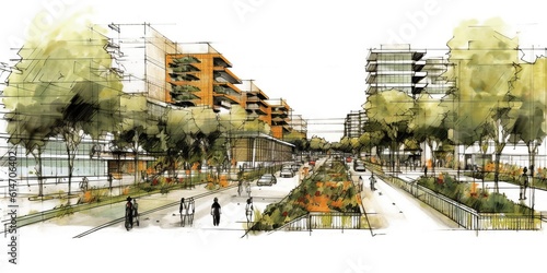 Sketch of the planning of a sustainable residential area. Ai generated.