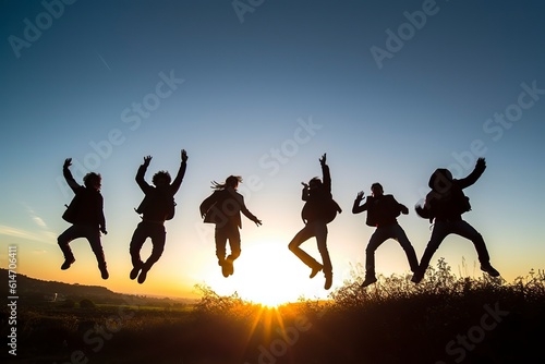 Silhouette of a group of happy people jumping at sunset for joy, copy space. Ai generated.