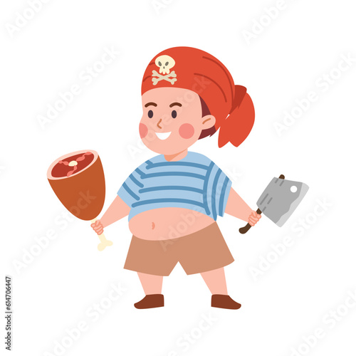 Funny little pirate child with meat bone and big knife, cartoon flat vector illustration isolated on white background.