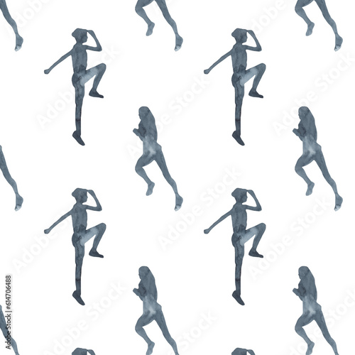 Sports at sunrise pattern.Running.Gymnastics.Morning gym.Watercolor silhouette sport isolated on white background.