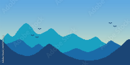 Colorful simple vector pixel art horizontal illustration of green sky evening mountain landscape with birds in retro platformer style