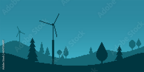 Colorful simple vector pixel art horizontal illustration of mountain landscape with trees and electric windmills in retro platformer style