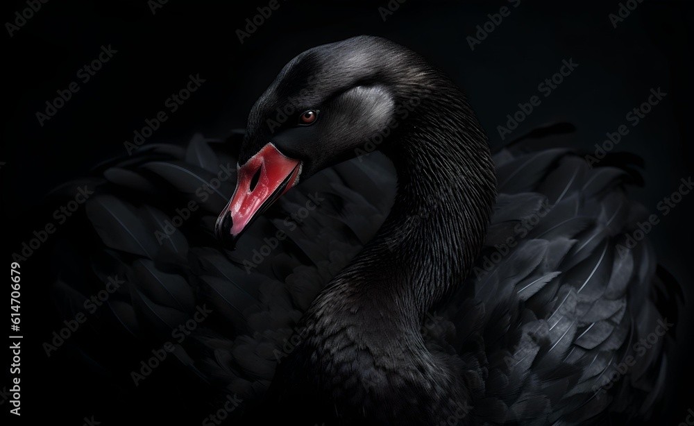 Fototapeta premium Elegant black swan on black background. Generative AI.