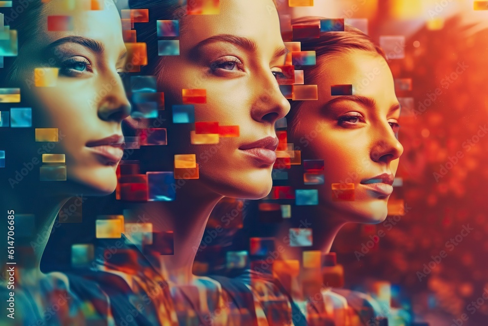 Conceptual portrait , human face is decomposed into colorful pixels. Ai ...