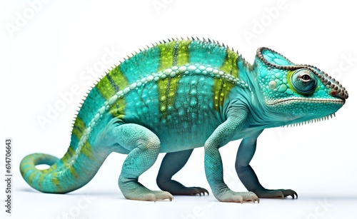 Cheerful chameleon on a white background. Generative AI.