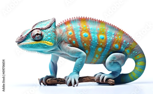 Cheerful chameleon on a white background. Generative AI.