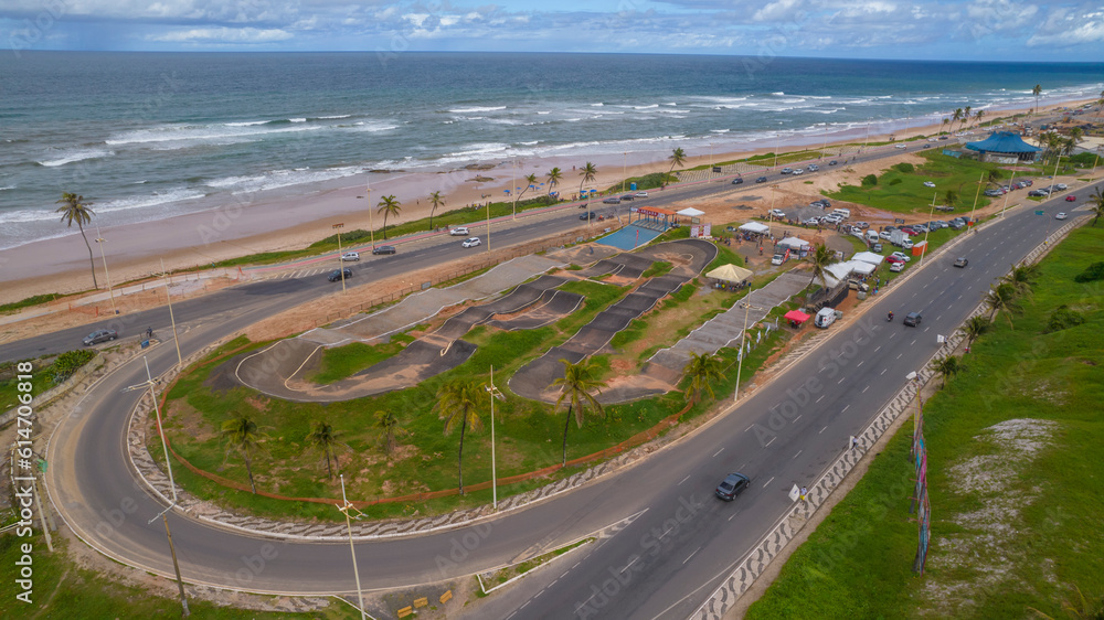 Drone view of the BMX track facing the sea in Salvador, Bahia, Brazil