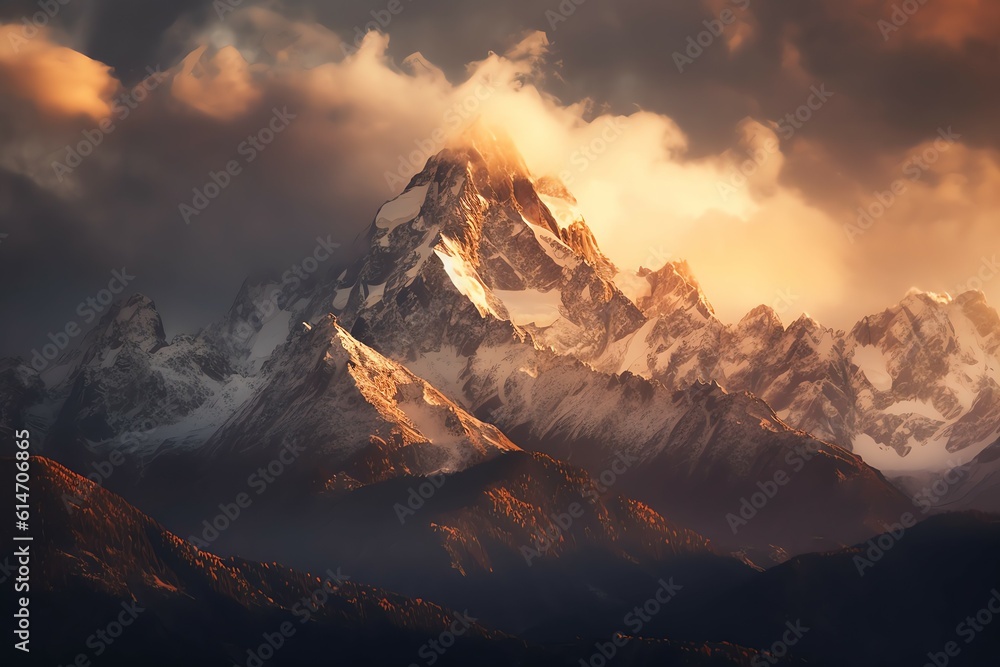 A breathtaking natural landscape, featuring a majestic mountain range 