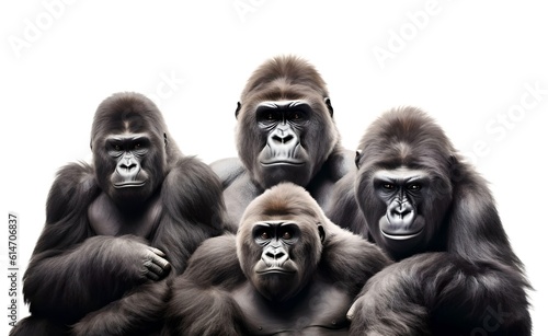 Gorilla family on white background. Generative AI.
