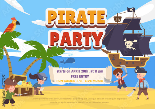 Pirate party banner with children play buccaneers, flat vector illustration.