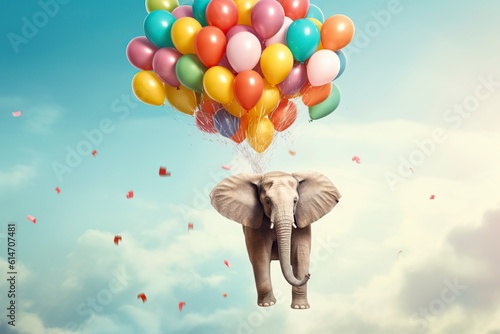 A light elephant floating with colored balloons. Ai generated.