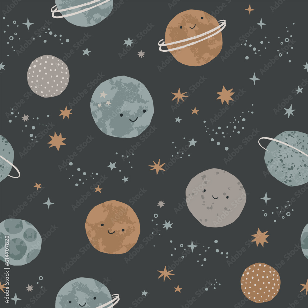 Cute planets in space. Hand drawn cosmos pattern. Space kawaii characters. Perfect for kids fabric, textile, nursery wallpaper. Vector illustration. Cute planets in space. Hand drawn cosmos pattern. Space kawaii characters. Perfect for kids fabric, textile, nursery wallpaper. Vector illustration.