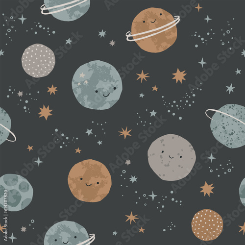 Cute planets in space. Hand drawn cosmos pattern. Space kawaii characters. Perfect for kids fabric, textile, nursery wallpaper. Vector illustration.
