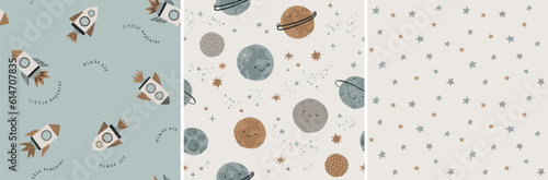 Hand drawn cosmos pattern set. Cute planets, stars and spaceship abstract patterns. Perfect for kids fabric, textile, nursery wallpaper. Vector illustration.