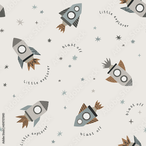 Cute rockets and stars. Hand drawn cosmos pattern. Little explorer space blast off. Perfect for kids fabric, textile, nursery wallpaper. Vector illustration.