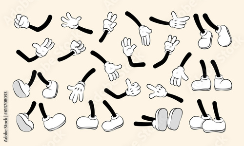 Cartoon hands and legs collection. Cute retro animation white feet and gloves characters body parts, abstract simple funny drawn person gestures. Vector comic set photo