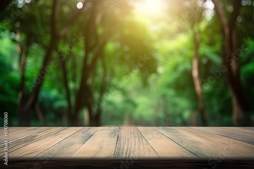 Garden Table. Wooden Background with Green Plants  Trees and Leaves in Bokeh Blur for Product Display