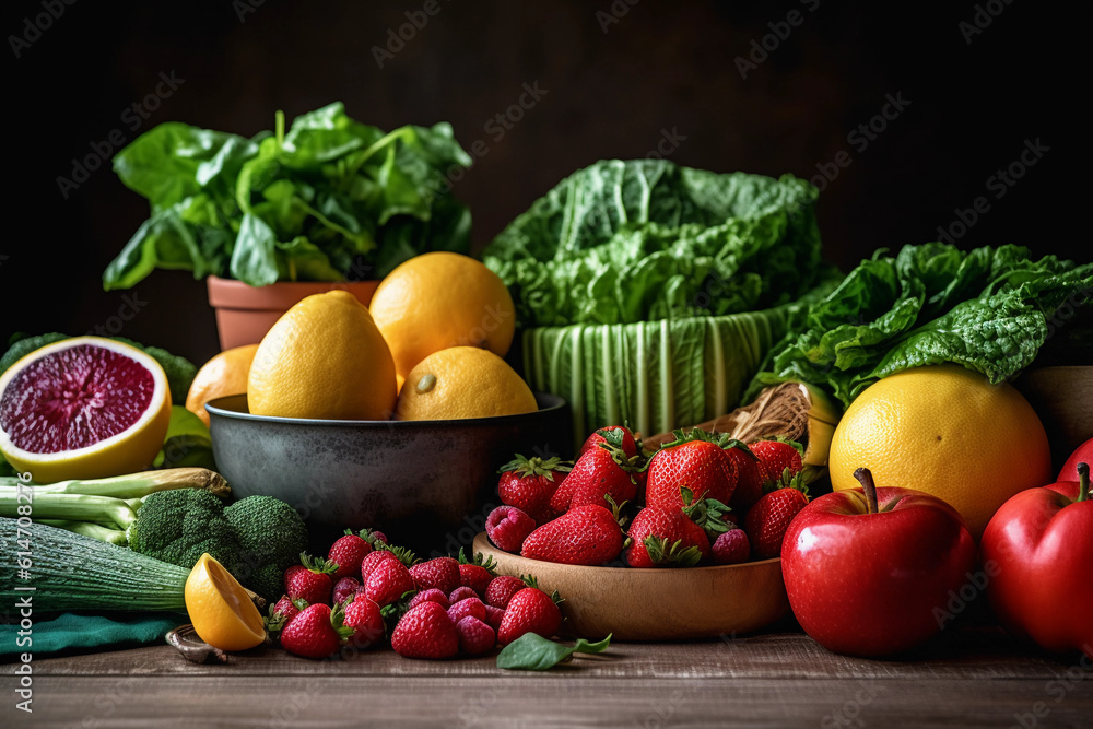 A Variety of Fruits and Vegetables on a Table - Generative AI. A Variety of Fruits and Vegetables on a Table - Generative AI.