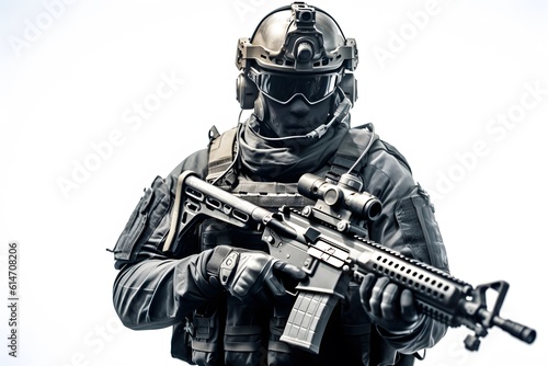 Army soldier in Protective Combat Uniform holding Assault Rifle. on white background. generative ai