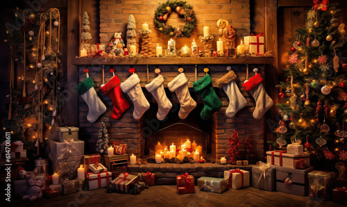 Christmas Fireplace with Stockings and Gift Boxes. Created using generative AI tools