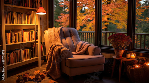 cosy room with armchair at autumn evening with bookshelf. 