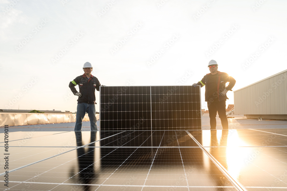 2 engineers install solar and maintain solar power plant , Engineer team to inspect and maintain solar power plants solar power plant
