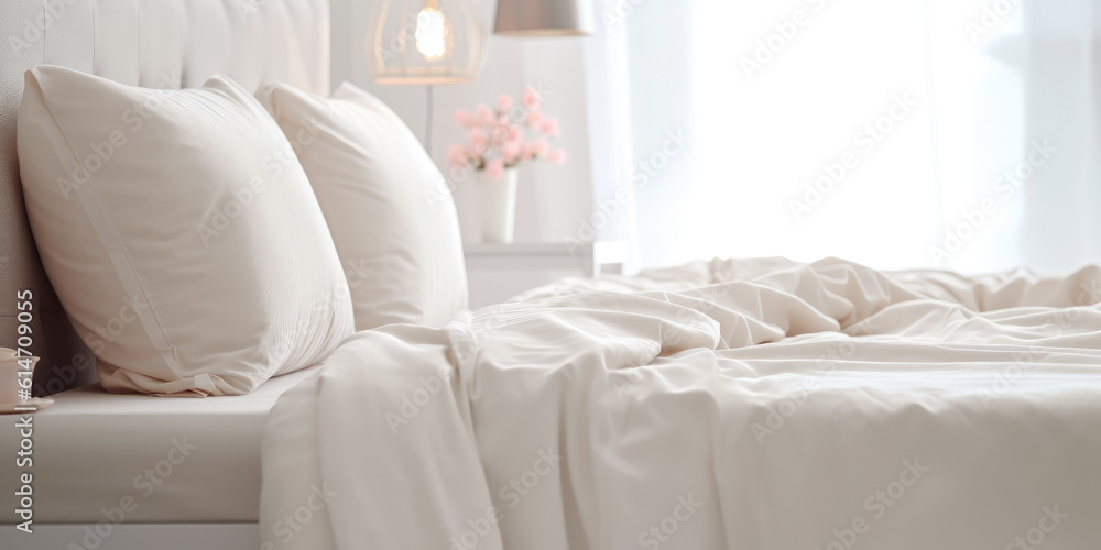 Fototapeta premium Simple modern bed in modern minimal bedroom interior, light and cozy, two soft pillows. Generative AI