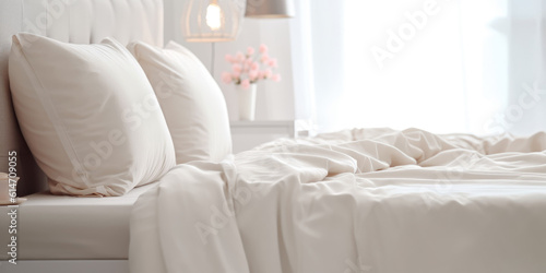 Simple modern bed in modern minimal bedroom interior, light and cozy, two soft pillows. Generative AI