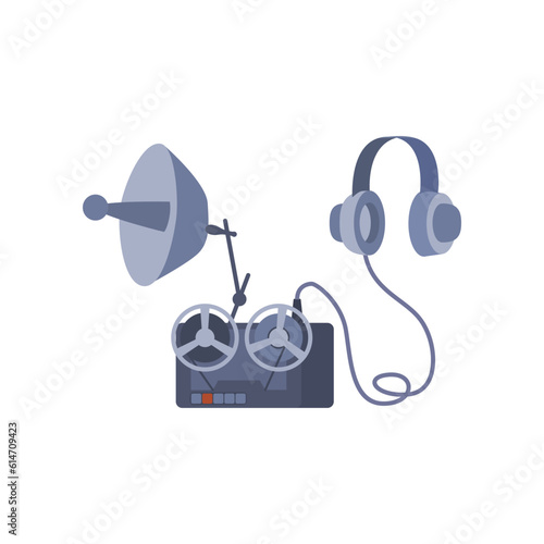 Vector isolated illustration of detective listening device on white background, flat espionage echo sounder, headphones and tape recorder