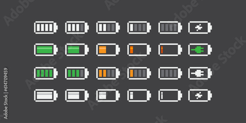 Simple 8bit pixel art minimalistic set of  gadget battery level icons in retro style