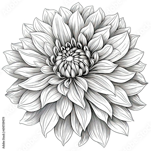 Black and white dahlia flower drawing illustration with line art on white backgrounds. Generative AI