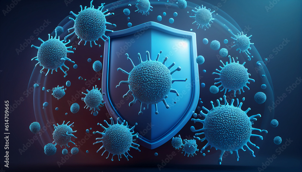 Background of virus defense with a shield and bacteria, Generative AI - obrazy, fototapety, plakaty 