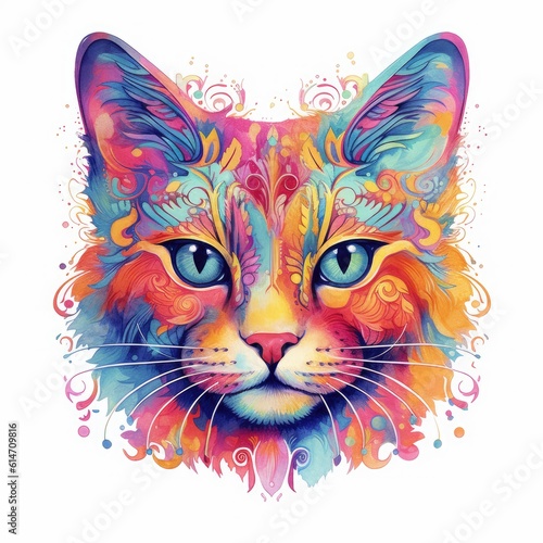 Colorful cat head art, artistic illustration, multicolor paint splash, generative AI