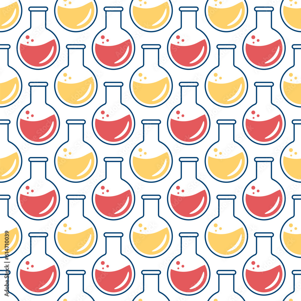 Seamless pattern on the topic of chemistry with flasks, test tubes, molecules Seamless pattern on the topic of chemistry with flasks, test tubes, molecules