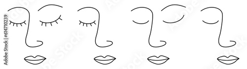 Woman line face with close eyes set. Females linear abstract portraits collection. Vector illustration isolated on white.