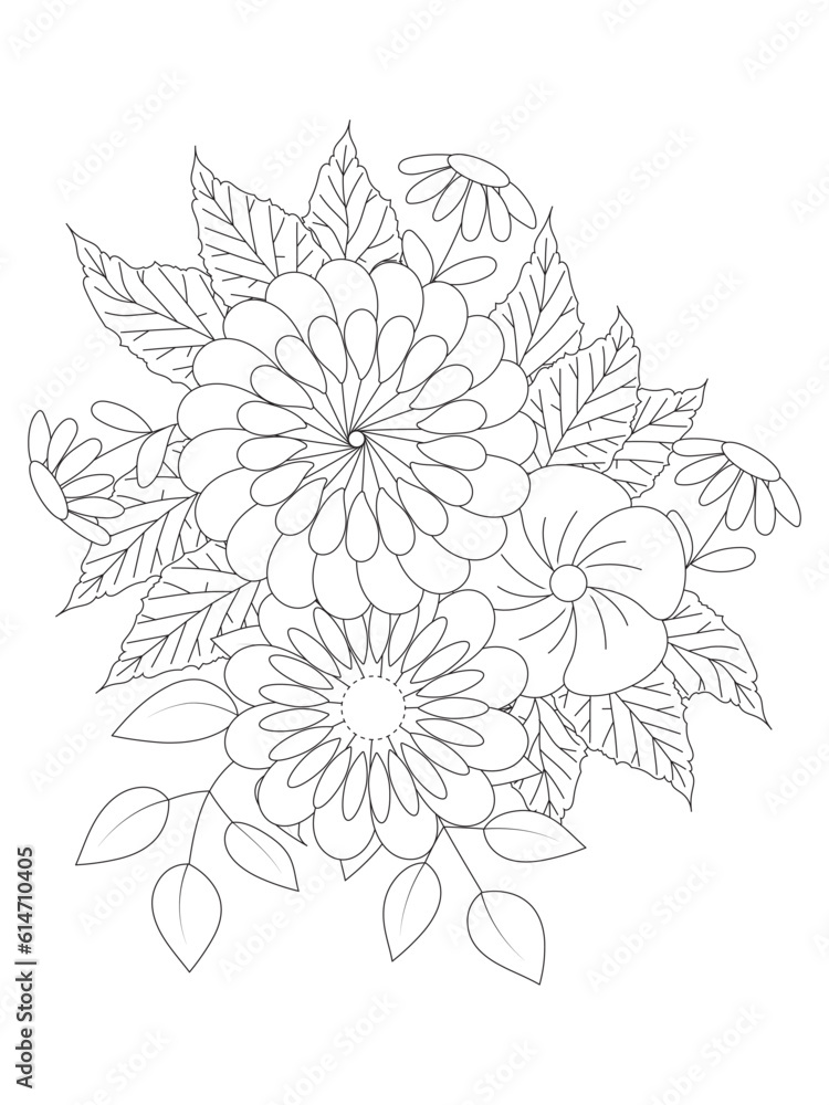 Flower and Leaves. Aloha Hawaii vector floral artwork. Coloring book pages for adults 