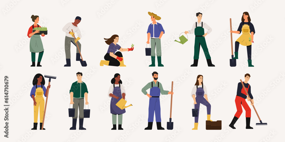 Farmer characters collection. Cartoon agriculture workers with organic gardening tools, farm labor and gardening woman and man characters. Vector isolated set