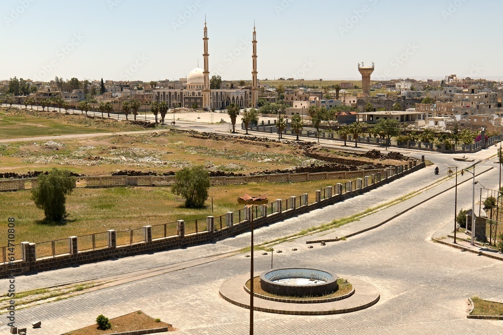 View of Bosra city from the amphitheater. Syria.