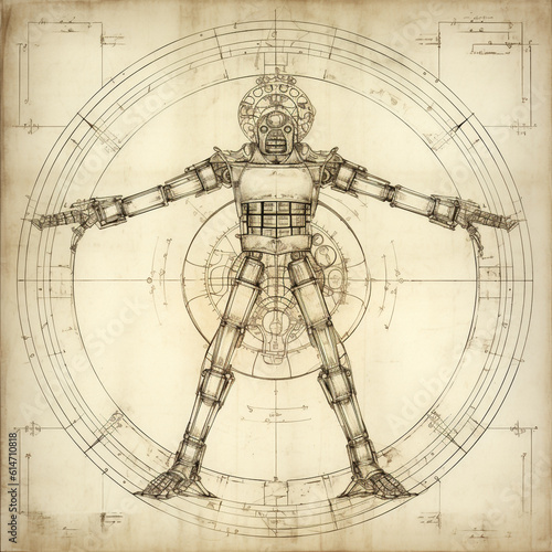 Robot as Vitruvian Man by Da Vinci, mechanical drawing in the style of vintage sci-fi, classical proportions of early medieval art, renaissance illustration of human anatomy photo